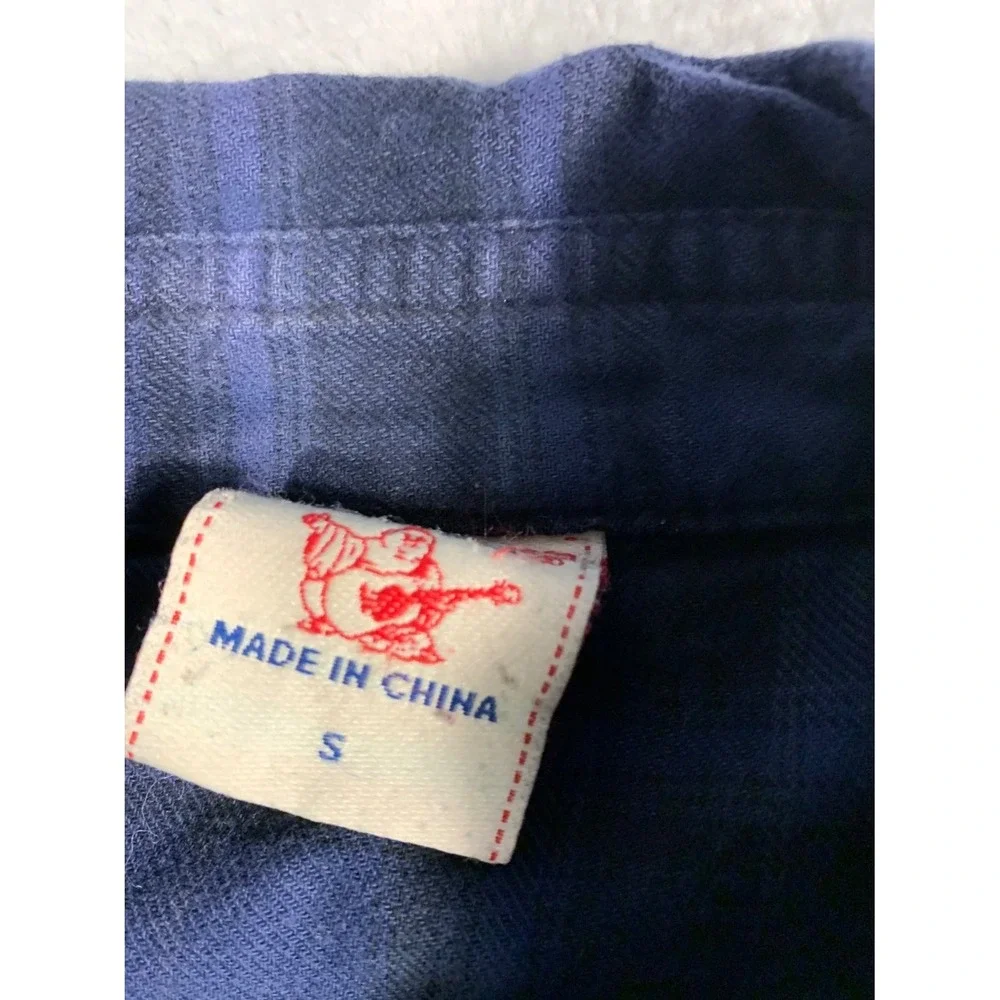 True Religion Mens S Western Pearl Snap Plaid Navy Blue Black Long Sleeve Shirt